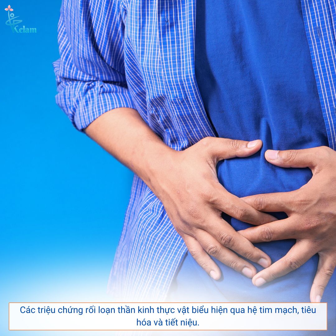 Các triệu chứng rối loạn thần kinh thực vật biểu hiện qua hệ tim mạch, tiêu hóa và tiết niệu.