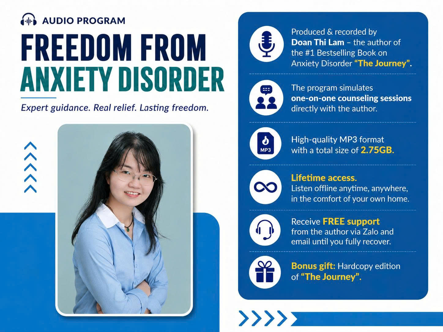Promotional poster for the “Freedom From Anxiety Disorder” audio program by Doan Thi Lam, featuring the author’s portrait and key benefits including one-on-one counseling simulation, lifetime access, MP3 audio lessons, free support, and a bonus copy of “The Journey.”