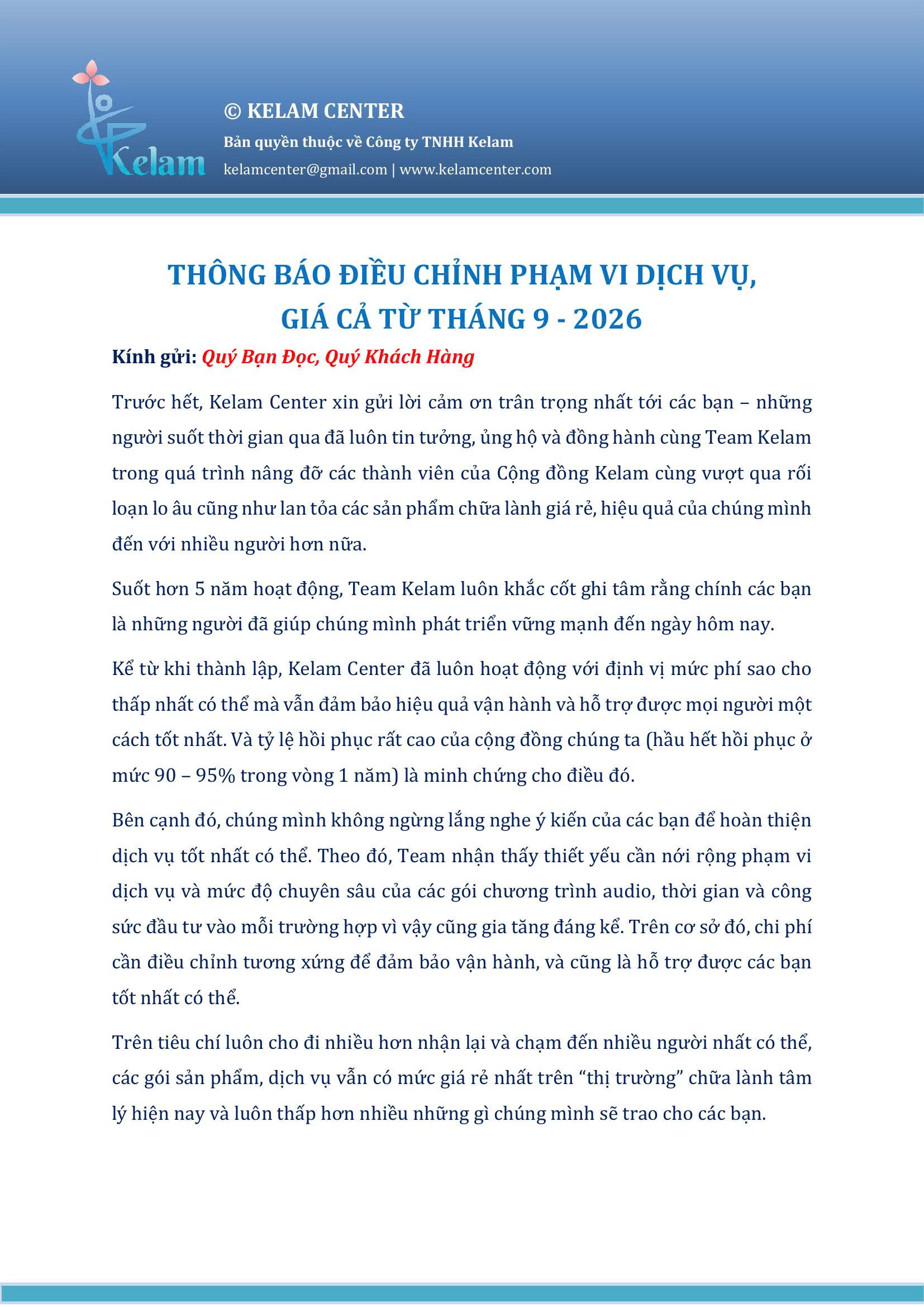 Thông báo điều chỉnh phạm vi dịch vụ và giá cả của Kelam Center từ tháng 9/2026