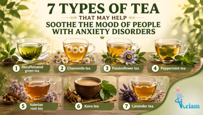 Infographic displaying 7 types of tea for anxiety disorders including decaffeinated green tea, chamomile, passionflower, peppermint, valerian root, kava, and lavender tea.