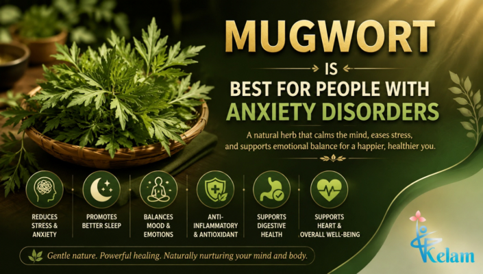 Infographic detailing why mugwort is the best vegetable for anxiety disorders, highlighting benefits like stress reduction and emotional balance.