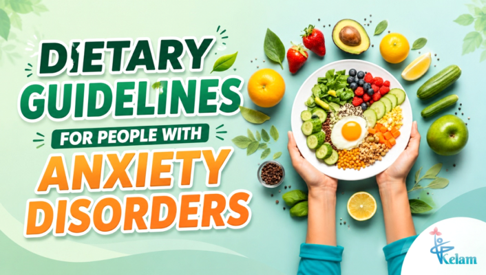Infographic showing dietary guidelines and the best diet for anxiety disorders, featuring healthy foods like fresh fruits, vegetables, and salmon.