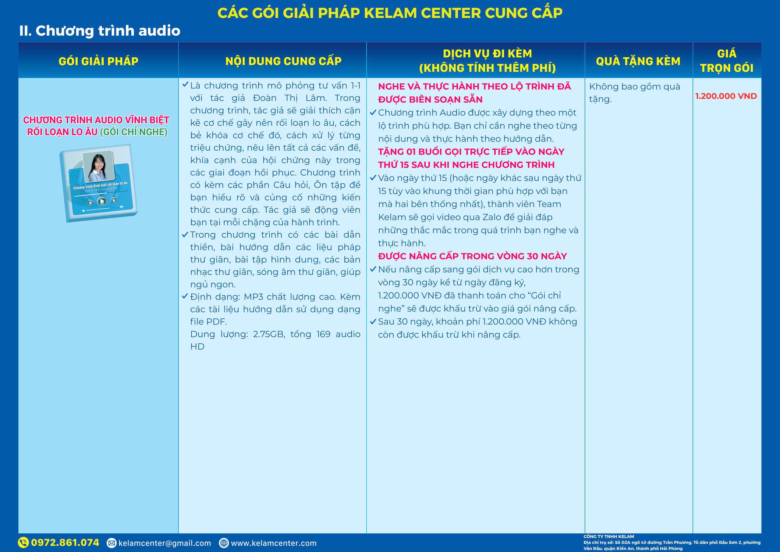 Bảng gói sản phẩm dịch vụ Kelam Center chương trình audio gói chỉ nghe