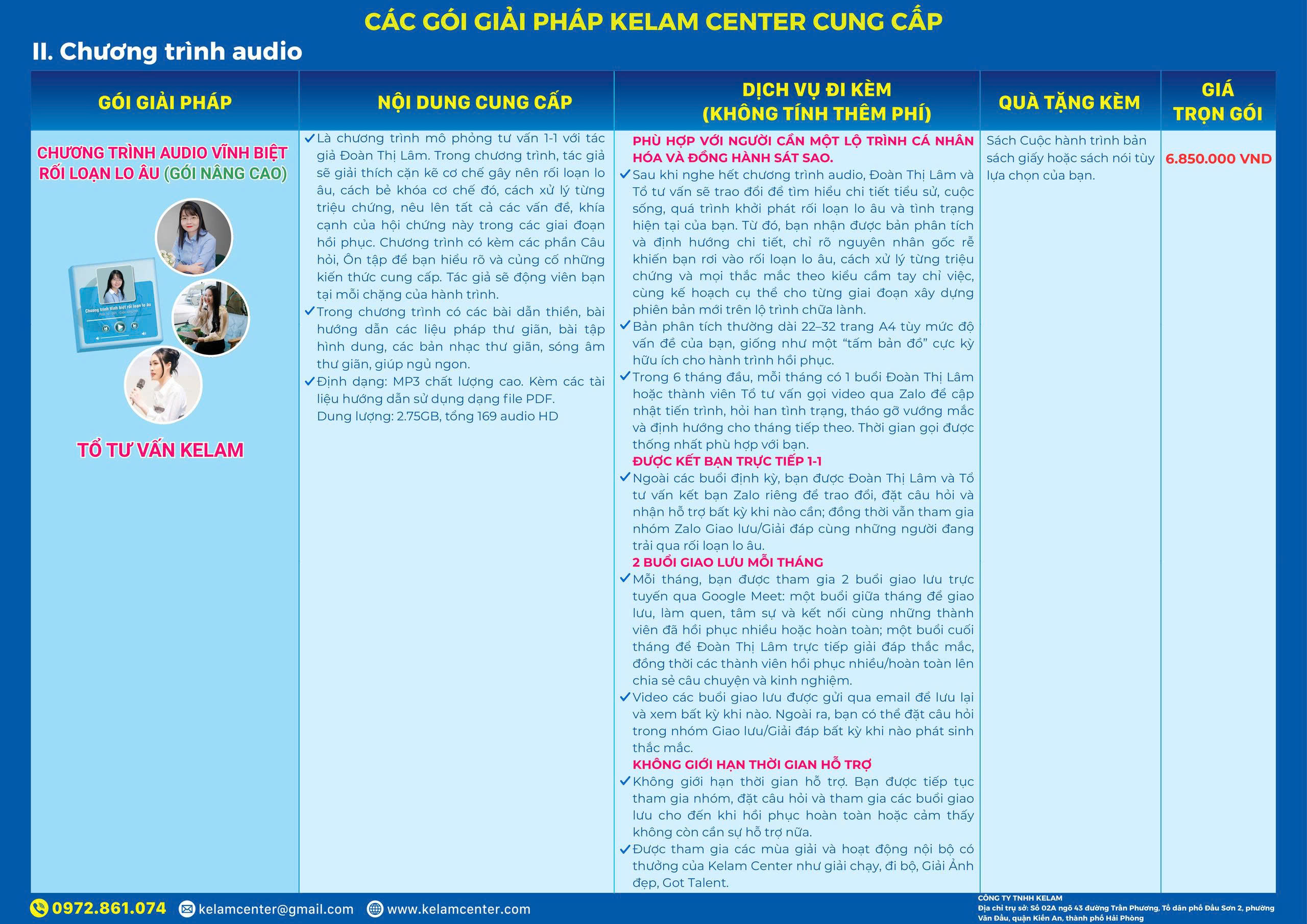Bảng gói sản phẩm dịch vụ Kelam Center chương trình audio gói nâng cao