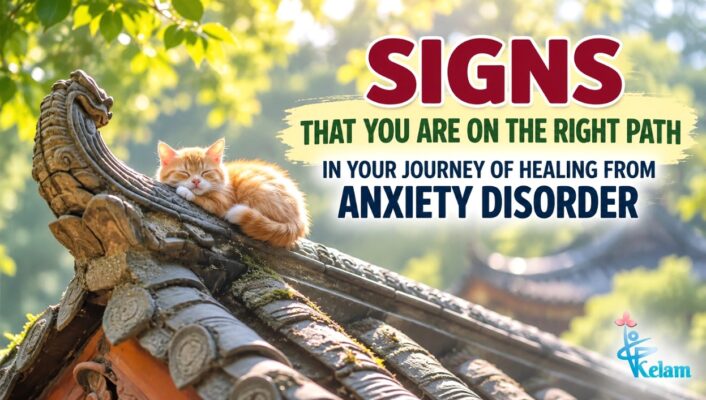 Orange cat resting on roof tiles with text about signs of anxiety disorder recovery