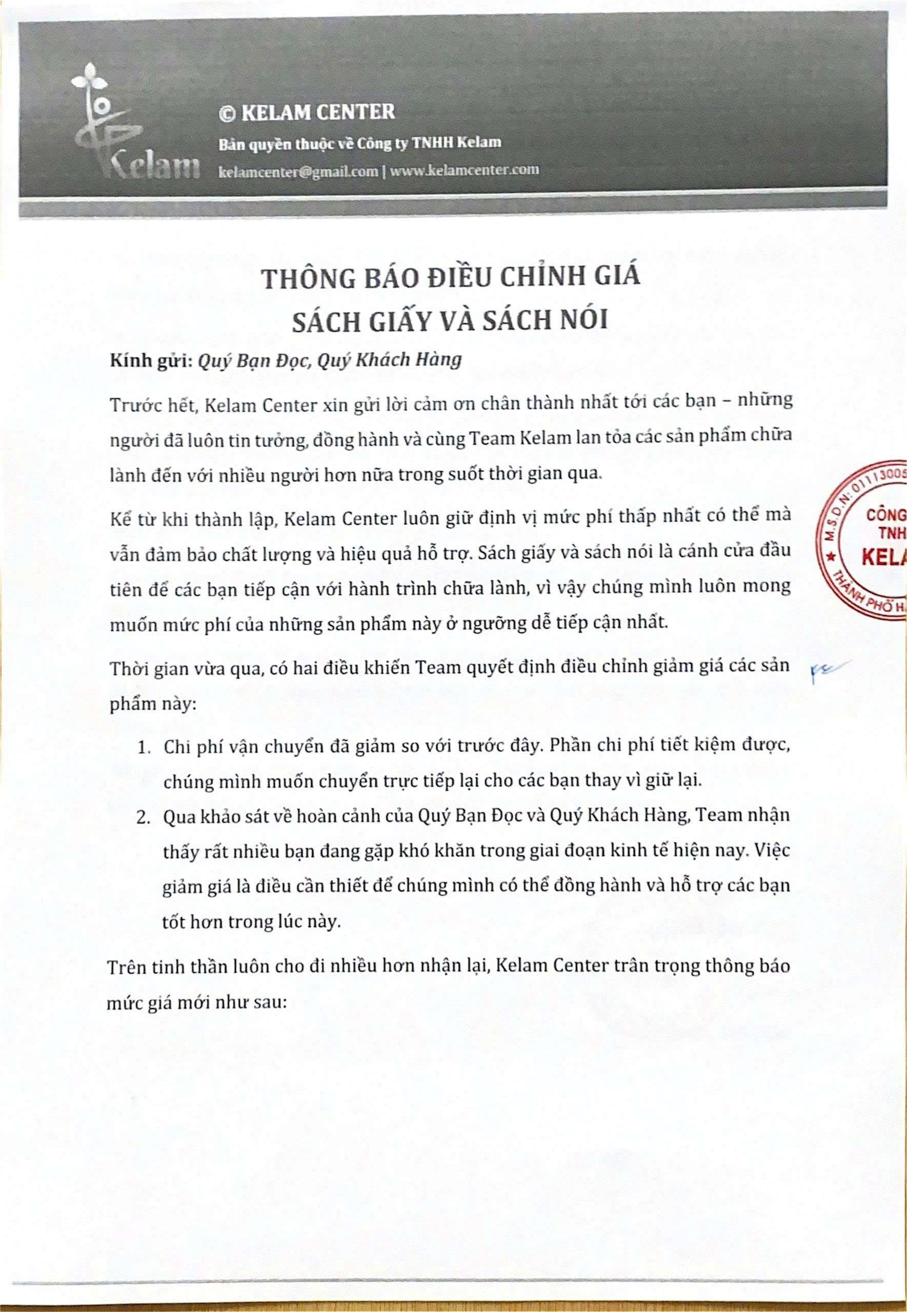 Văn bản thông báo điều chỉnh giảm giá sách giấy và sách nói Kelam Center trang 1