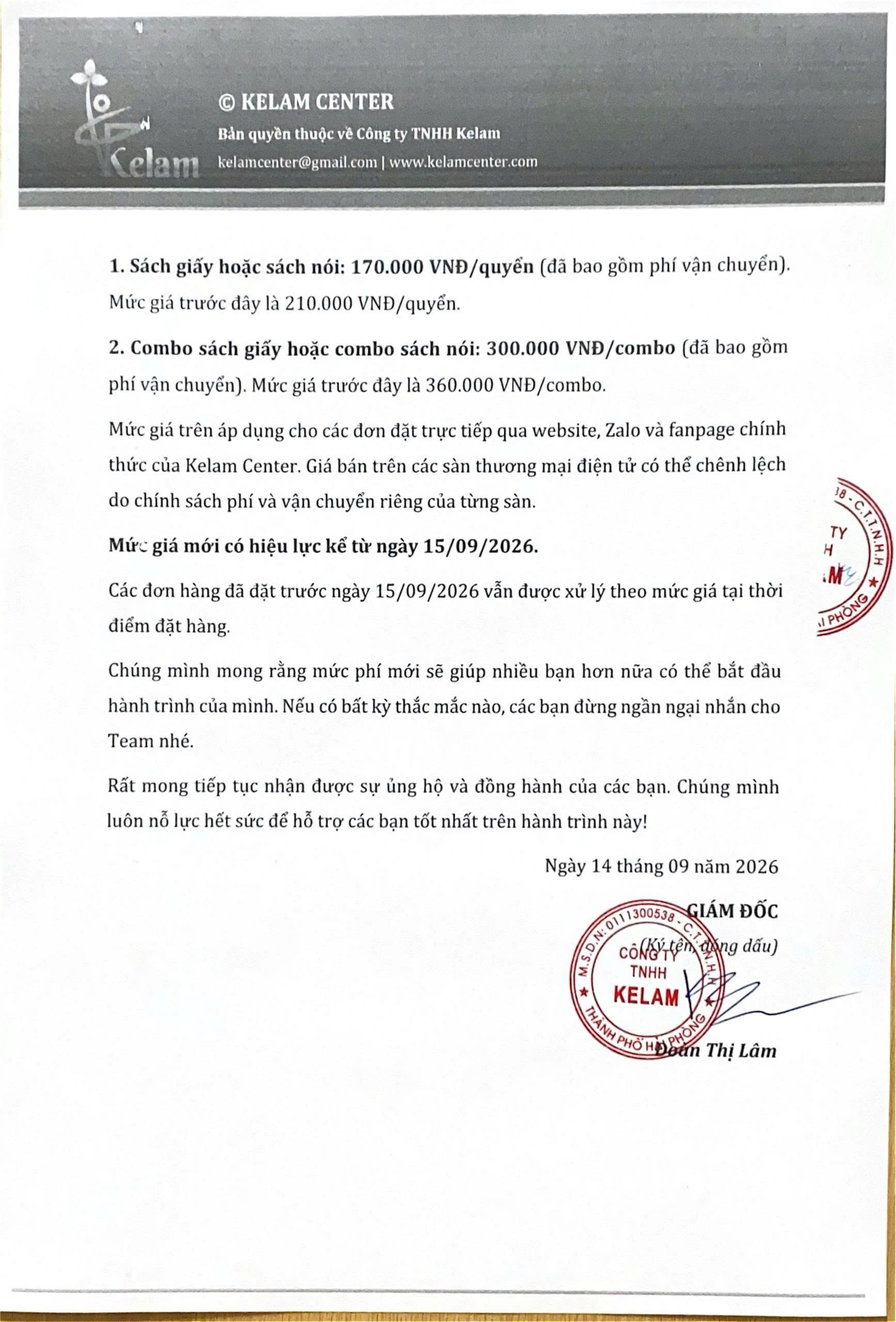 Văn bản thông báo điều chỉnh giá sách Kelam Center trang 2 có chữ ký Giám đốc