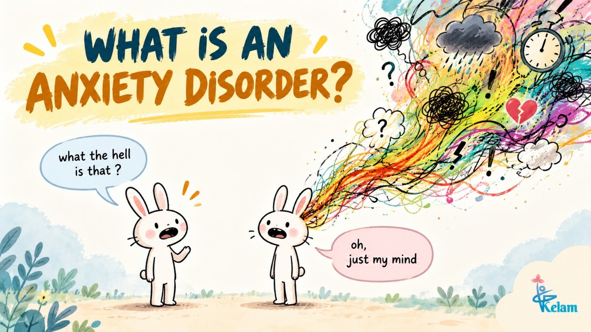 Illustration explaining what an anxiety disorder is, with a rabbit whose worried thoughts turn into a tangle of colourful lines